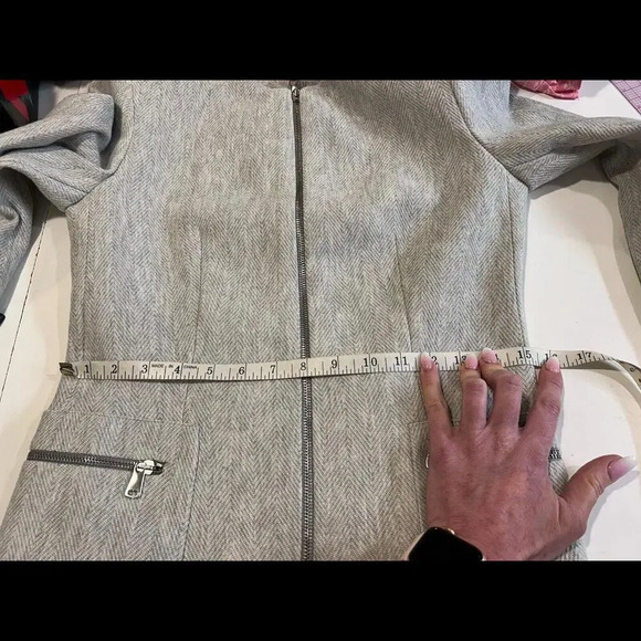 ZARA Gray Marl Herringbone Frock Blazer Jacket Zip Up Stretchy Career Medium - Picture 12 of 15